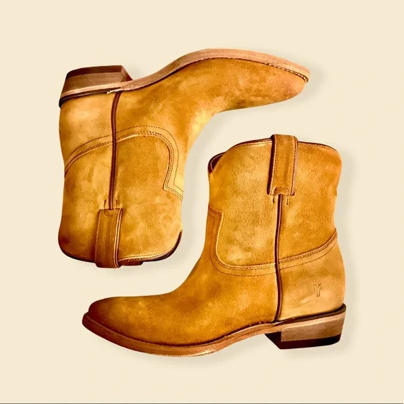 Frye Billy Short Camel Suede Leather South Western Pull On Cowboy Ankle Boots - Picture 16 of 16